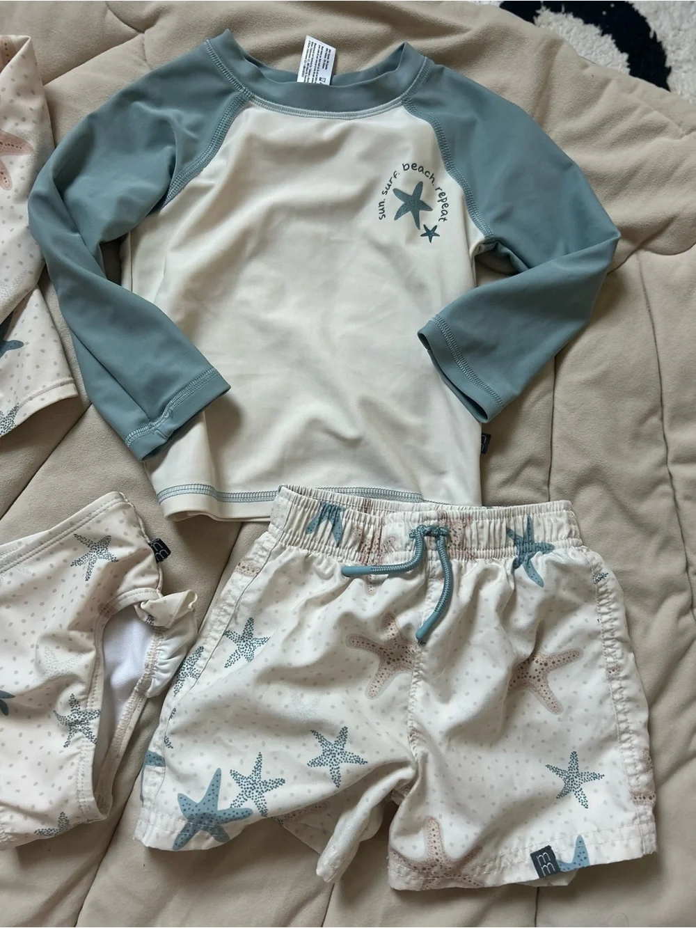 Sibling swim set - Children's Starfish Swim Set - Cream with Blue & Tan Stars